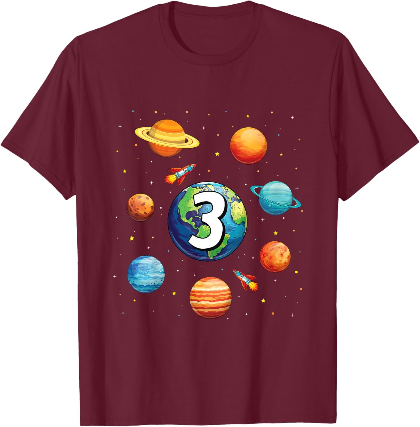 Kids 3 Year Old Shirt Boys Kids Space Solar Planets 3rd Birthday T-Shirt - T-Shirt | Maroon