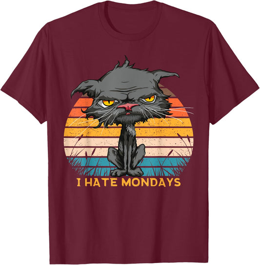 I Hate Mondays Bored Cat Yellow Eyes Retro Vintage Cat Lover T-Shirt - T-Shirt | Maroon
