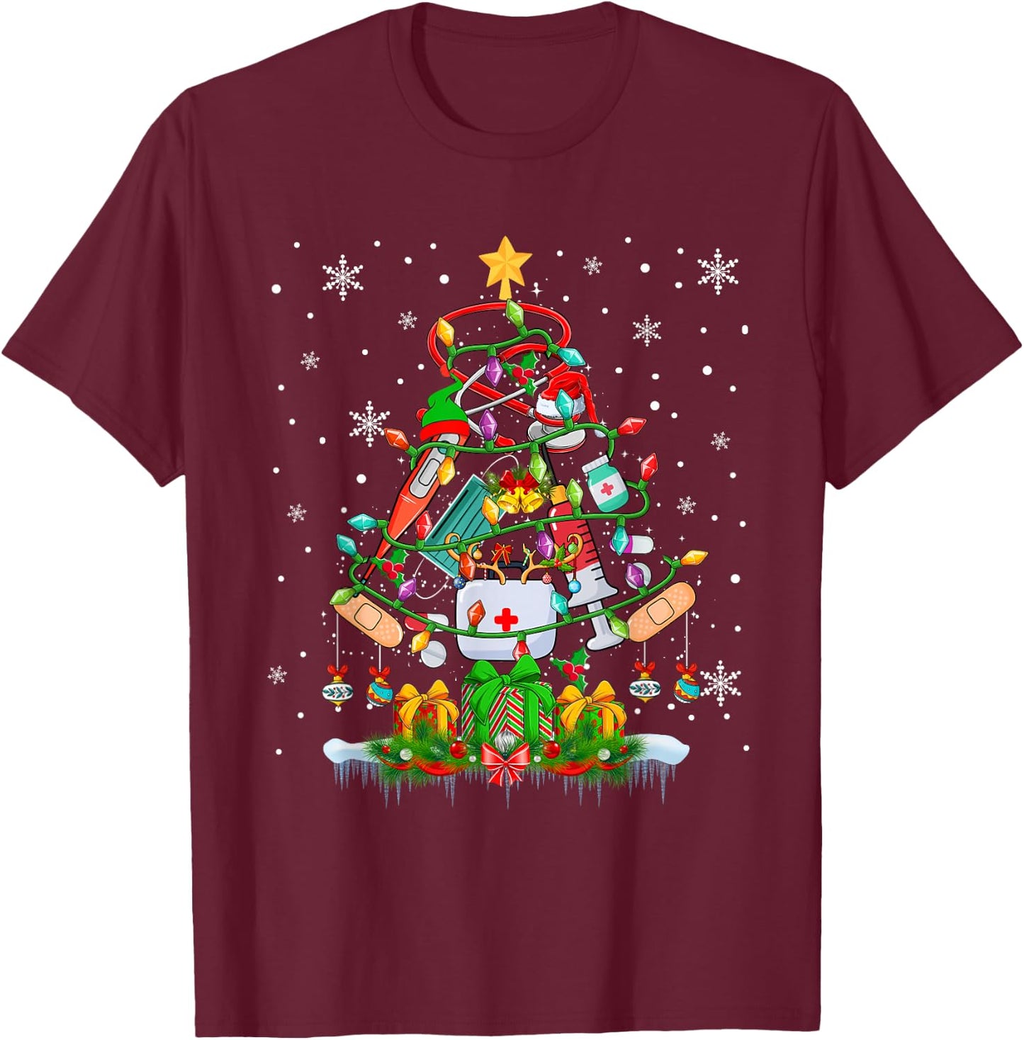 Christmas Tree Santa Reindeer Elf Medical Instruments Doctor T-Shirt - T-Shirt | Maroon