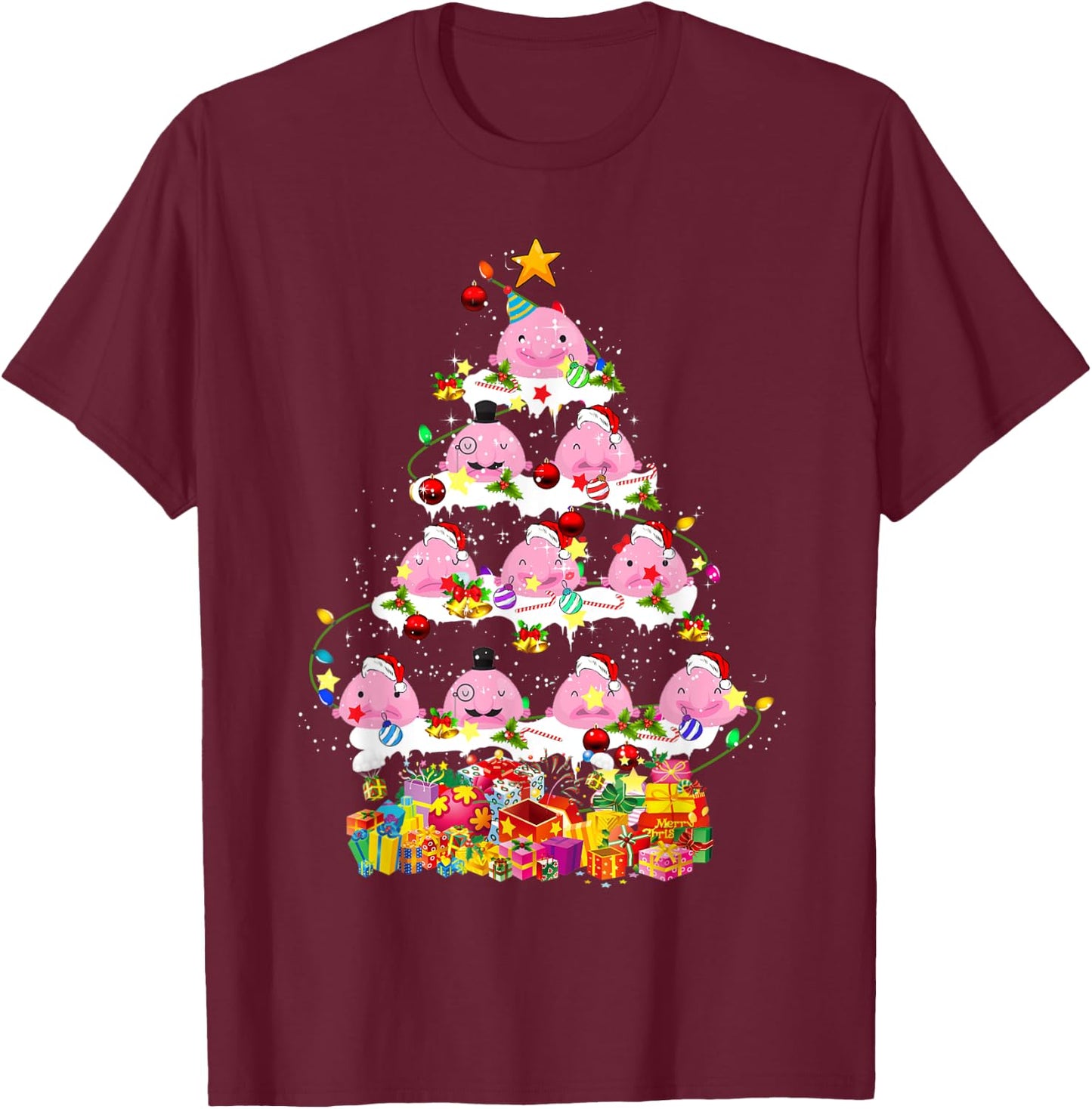 Santa Blobfish Christmas Tree Xmas Lights Blobfish Lover T-Shirt - T-Shirt | Maroon