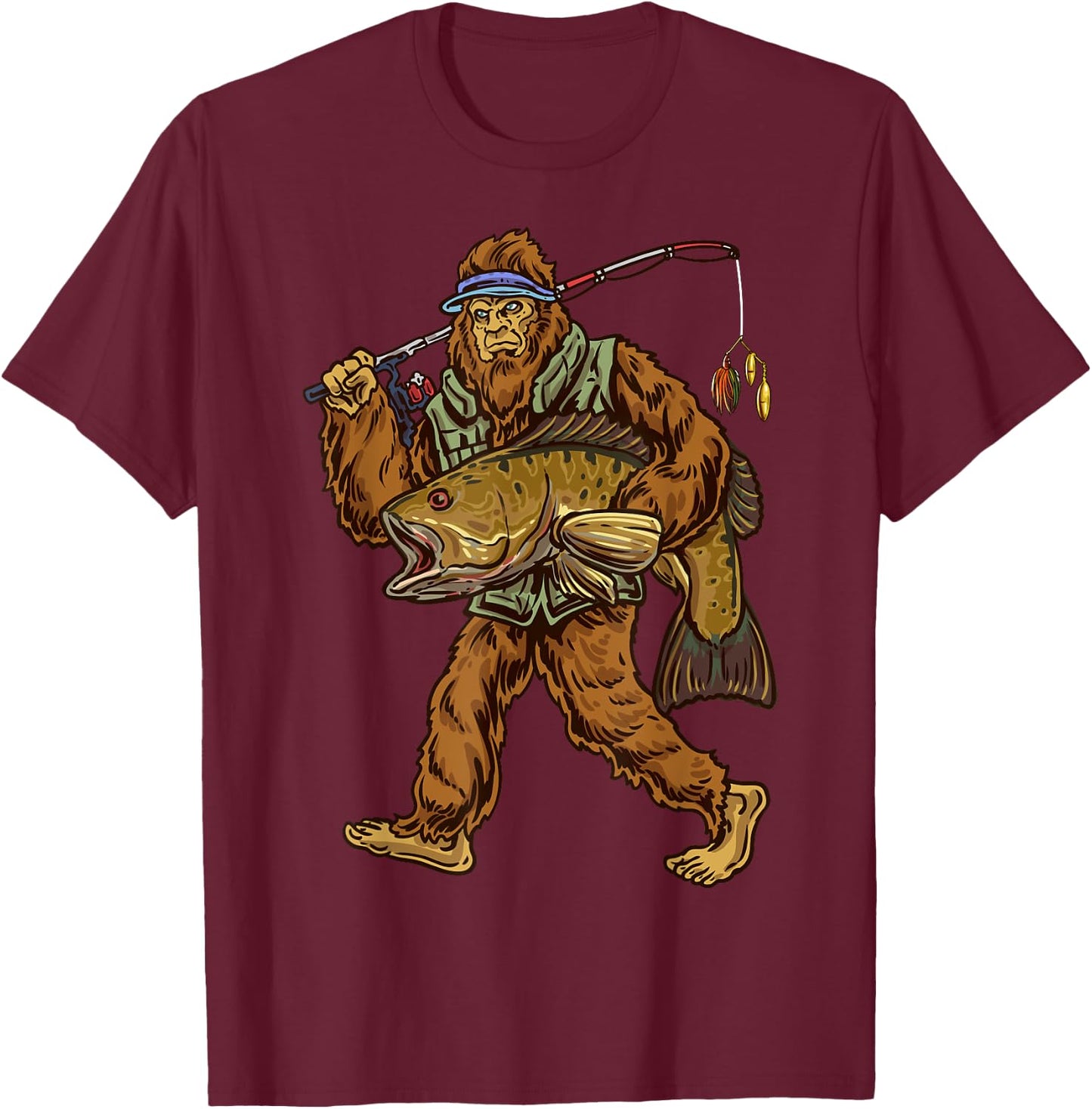 Northern Outdoors Bass Co. Men's Smallmouth Bass Fishing Bigfoot Fisherman , Black, Small T-Shirt - T-Shirt | Maroon