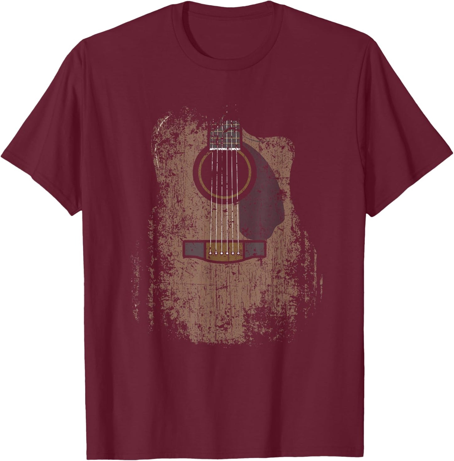 Musician Guitarist Instrument & Strings Designs Distressed Acoustic Guitar Vintage Player Rock & Roll Music - Adults/Kids - Black - Short Sleeve - Classic Fit - Small T-Shirt - T-Shirt | Maroon