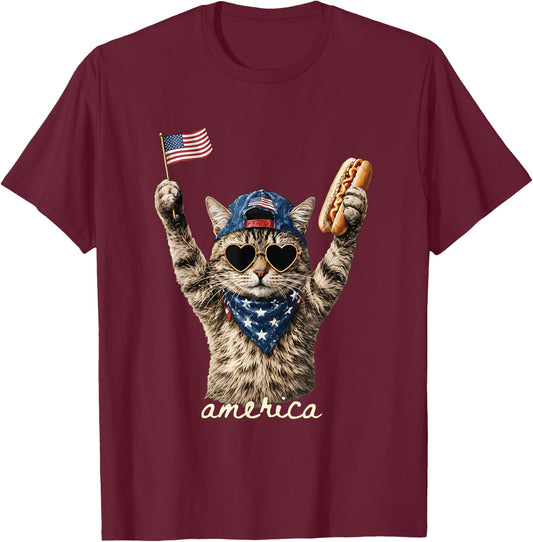 Funny America Cat Hot Dog Lovers Patriotic US Flag T-Shirt - T-Shirt | Maroon