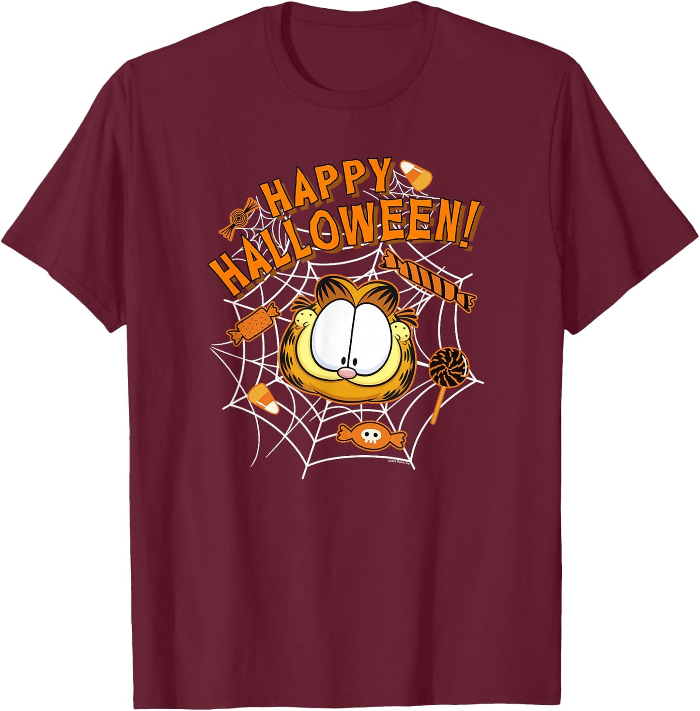 Garfield Halloween Spiderweb Candy Garfield Big Face T-Shirt - T-Shirt | Maroon