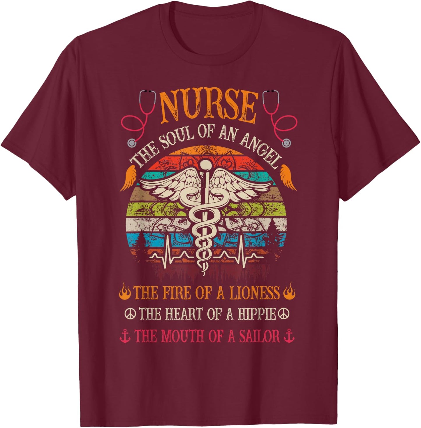 Nurse Soul Of An Angel Fire of A Lioness Vintage Hippie T-Shirt - T-Shirt | Maroon