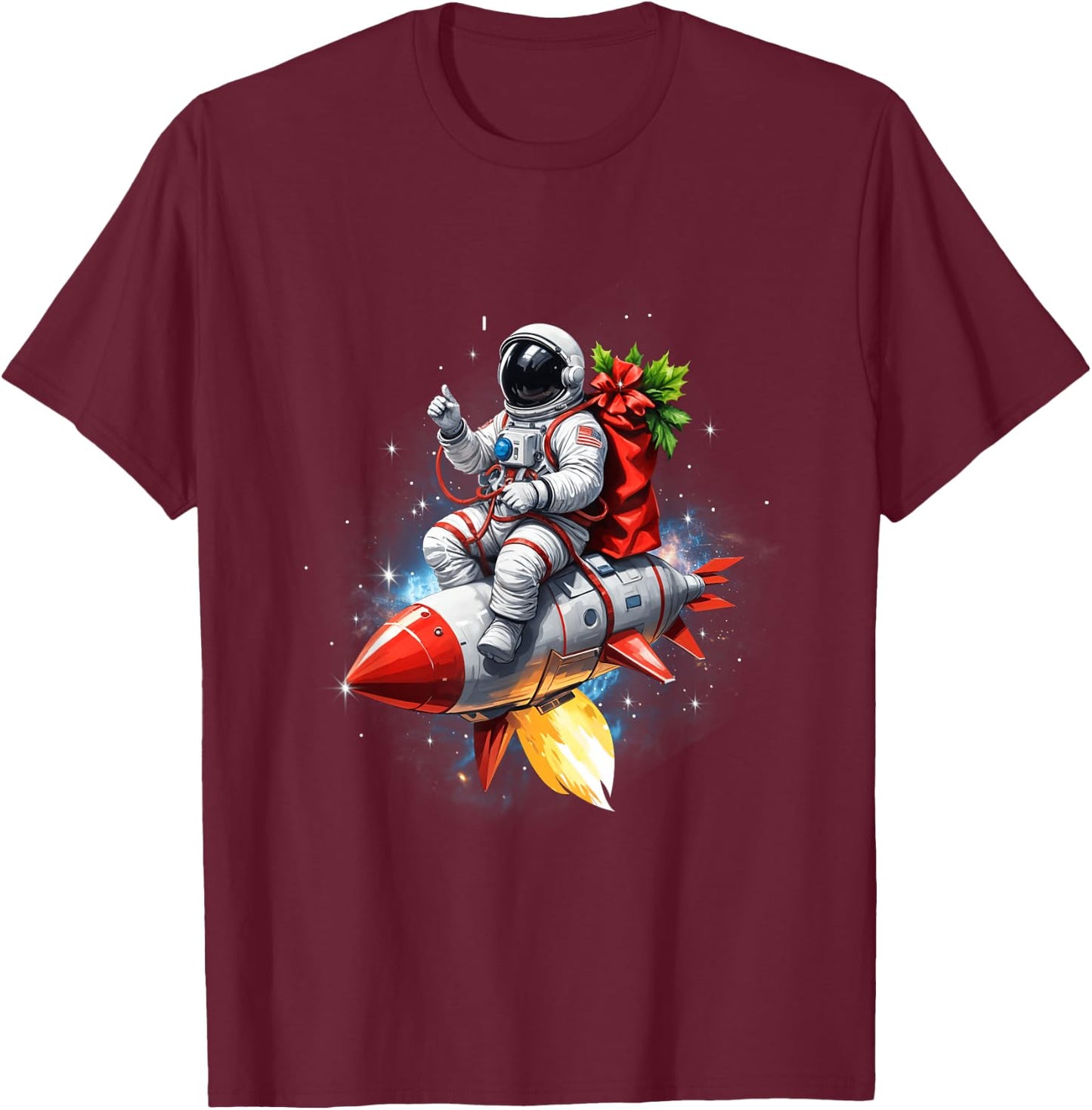 Astronaut Riding Rocket Planets Funny Christmas Kids Teens T-Shirt - T-Shirt | Maroon