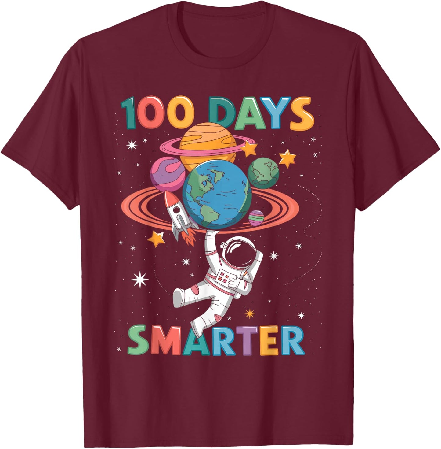 100 Days Smarter 100th Day of School Kids Astronaut Space T-Shirt - T-Shirt | Maroon