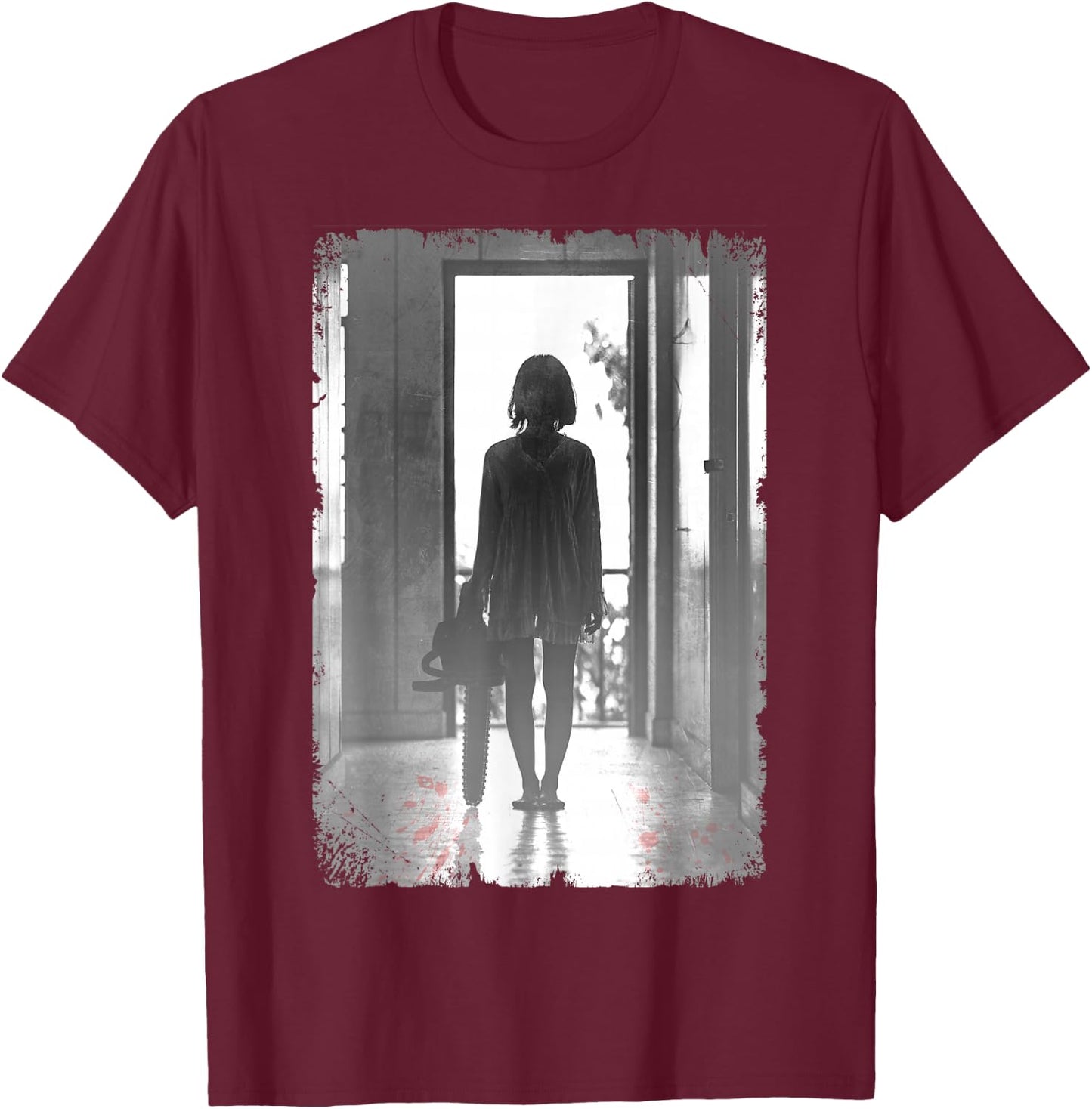 Creepy Chainsaw Girl Horror Dark Art T-Shirt - T-Shirt | Maroon