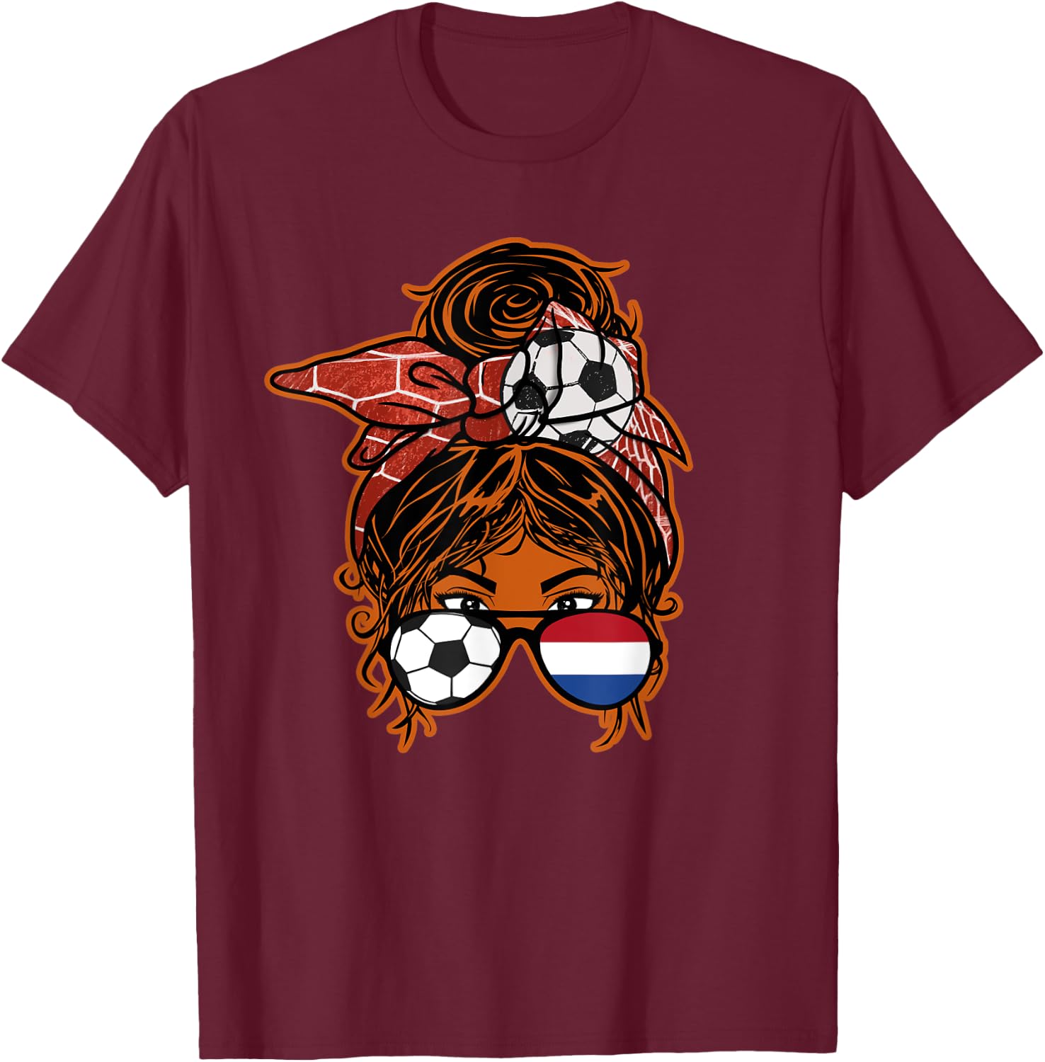 Messy Bun Hair Brown Skin Soccer Girl Netherlands Jersey T-Shirt - T-Shirt | Maroon