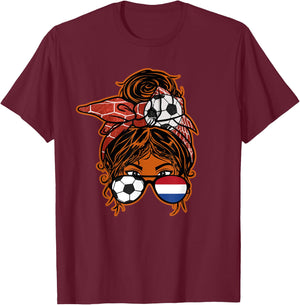 Messy Bun Hair Brown Skin Soccer Girl Netherlands Jersey T-Shirt - T-Shirt | Maroon
