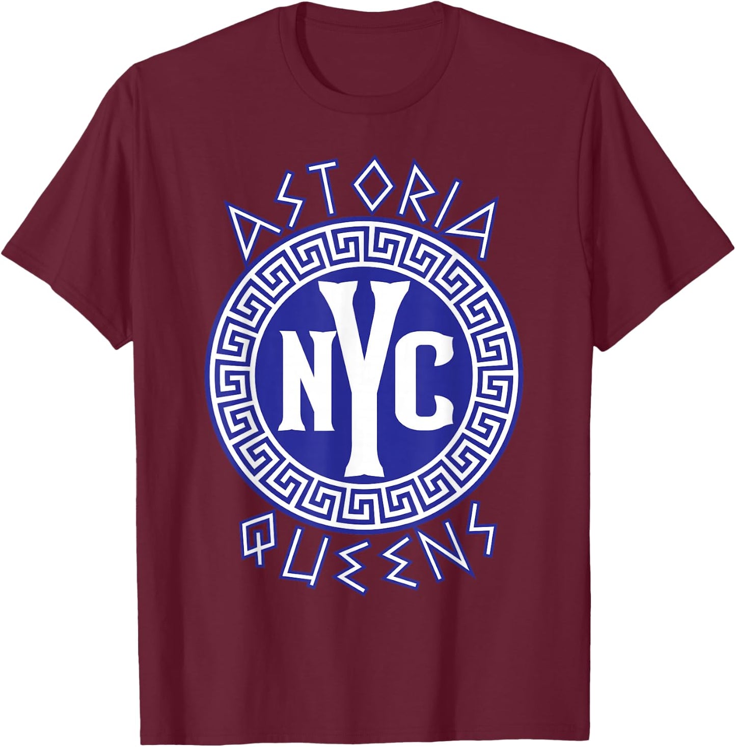 Astoria Queens NYC Circle with Greek Style Text T-Shirt - T-Shirt | Maroon