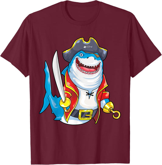 Shark Pirate Costume Jolly Roger Flag Jawsome Halloween T-Shirt - T-Shirt | Maroon