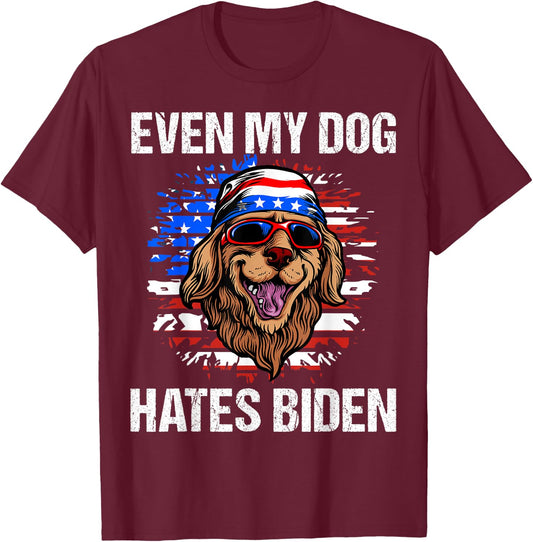 Even my Dog Hates Biden Funny Anti Biden American Flag Dog T-Shirt - T-Shirt | Maroon