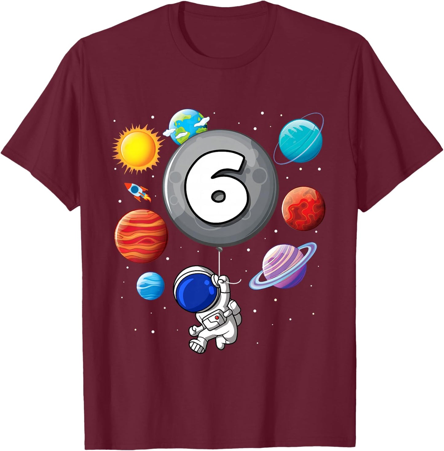 Kids 6th Birthday Astronaut Balloon Planet 6 Year Old Boy T-Shirt - T-Shirt | Maroon
