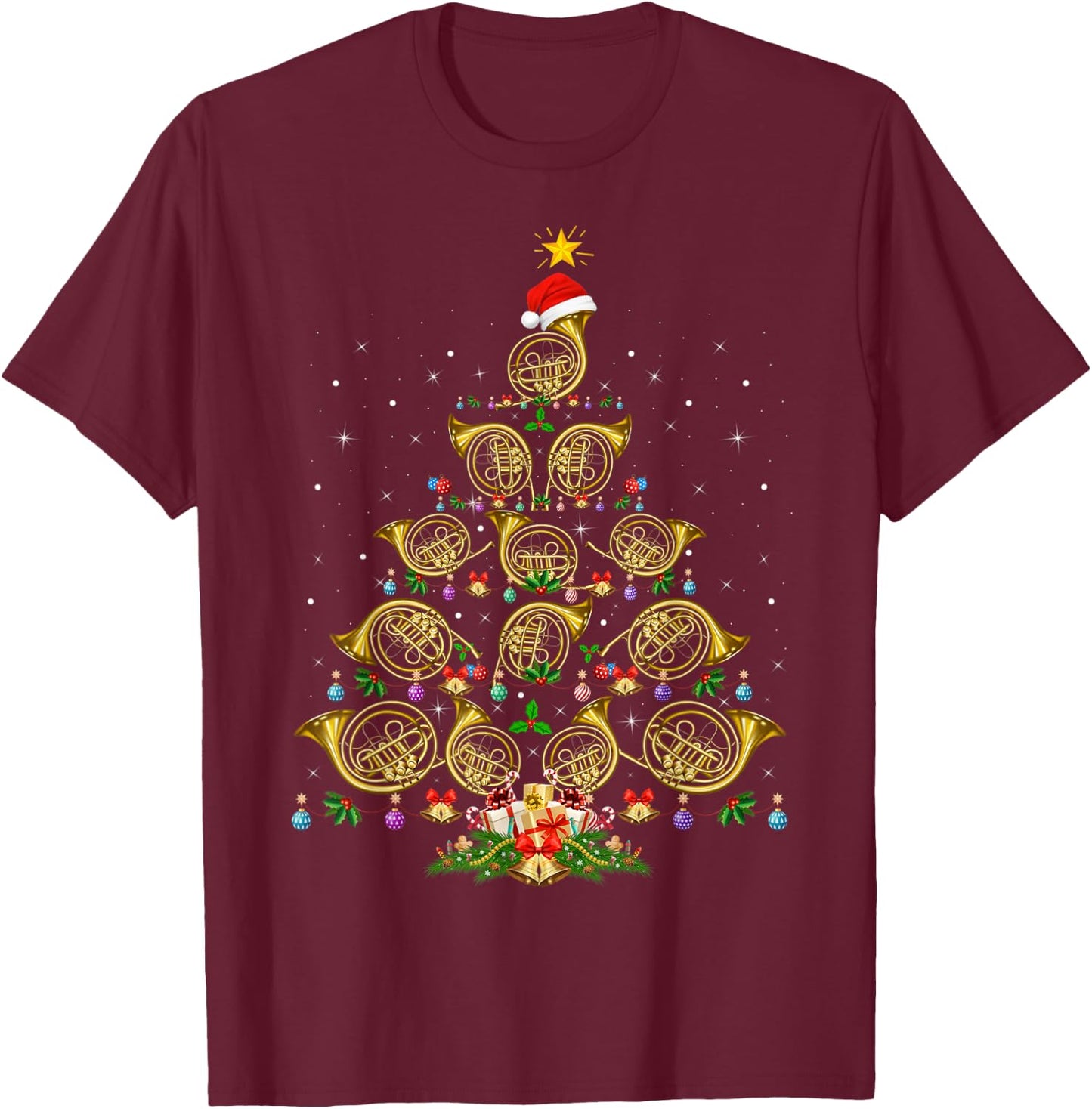 French Horn Lover Christmas Lighting French Horn Xmas Tree T-Shirt - T-Shirt | Maroon