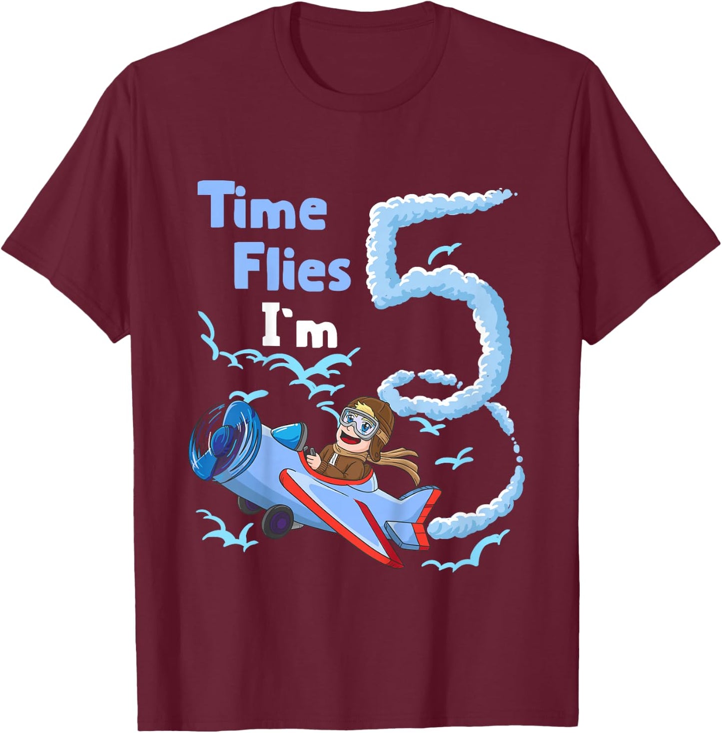 5th Birthday Time Flies Im 5 Pilot Airplane T-Shirt - T-Shirt | Maroon