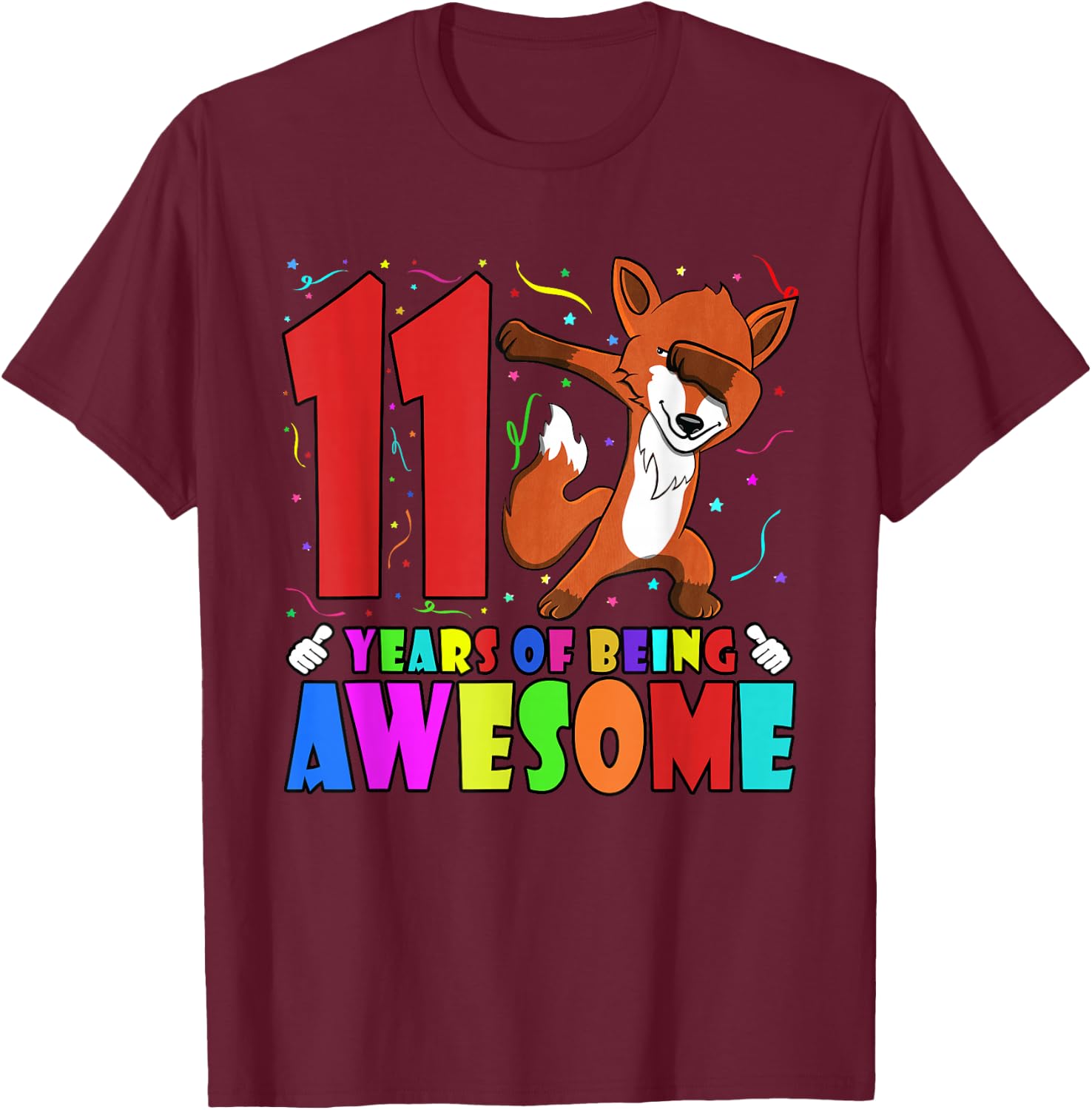 11th Birthday Party Dabbing Fox - 11 Years Old Girls Boys T-Shirt - T-Shirt | Maroon