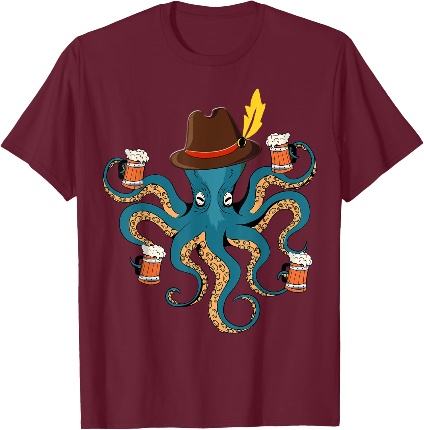 Funny Oktoberfest Octopus with Beer German Hat - Oktoberfest T-Shirt - T-Shirt | Maroon