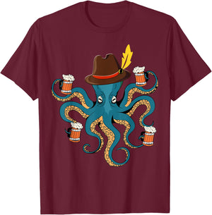 Funny Oktoberfest Octopus with Beer German Hat - Oktoberfest T-Shirt - T-Shirt | Maroon