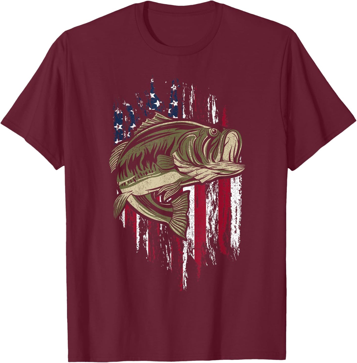 Bass Fishing American Flag 4th of July Gift Fisherman T-Shirt - T-Shirt | Maroon