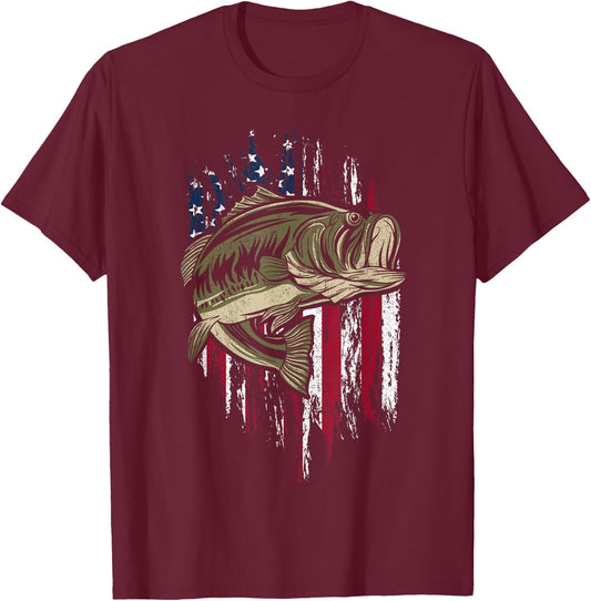 Bass Fishing American Flag 4th of July Gift Fisherman T-Shirt - T-Shirt | Maroon