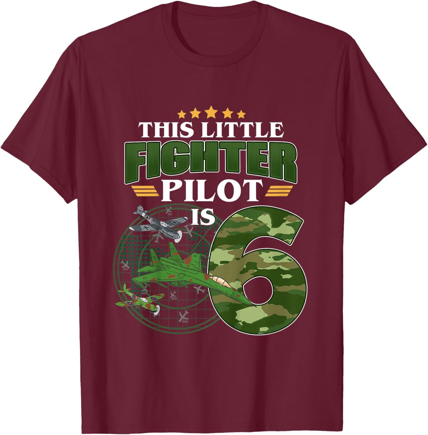 Kids 6th Birthday This Fighter Pilot Is 6 Soldier Camo Style boys T-Shirt - T-Shirt | Maroon