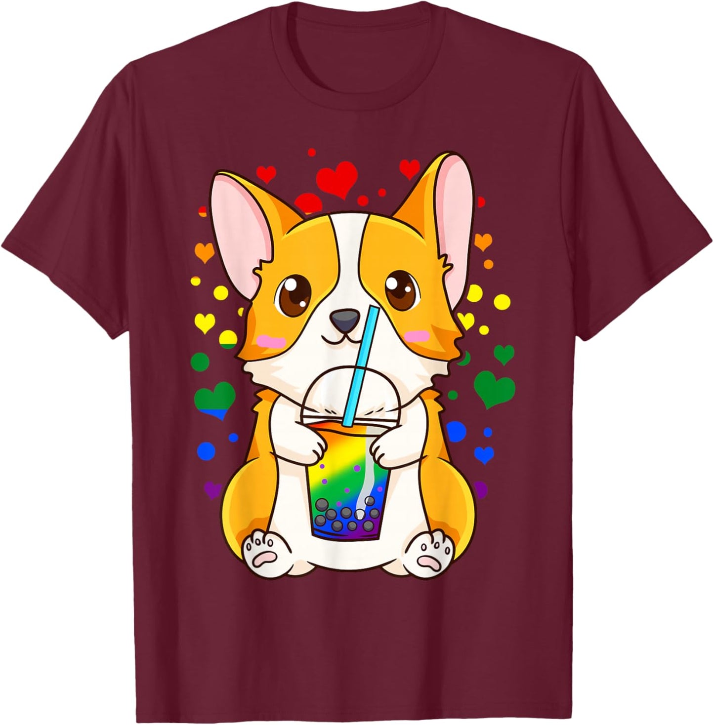 Boba Tea Bubble Tea Cute Kawaii Corgi Rainbow Pride T-Shirt - T-Shirt | Maroon