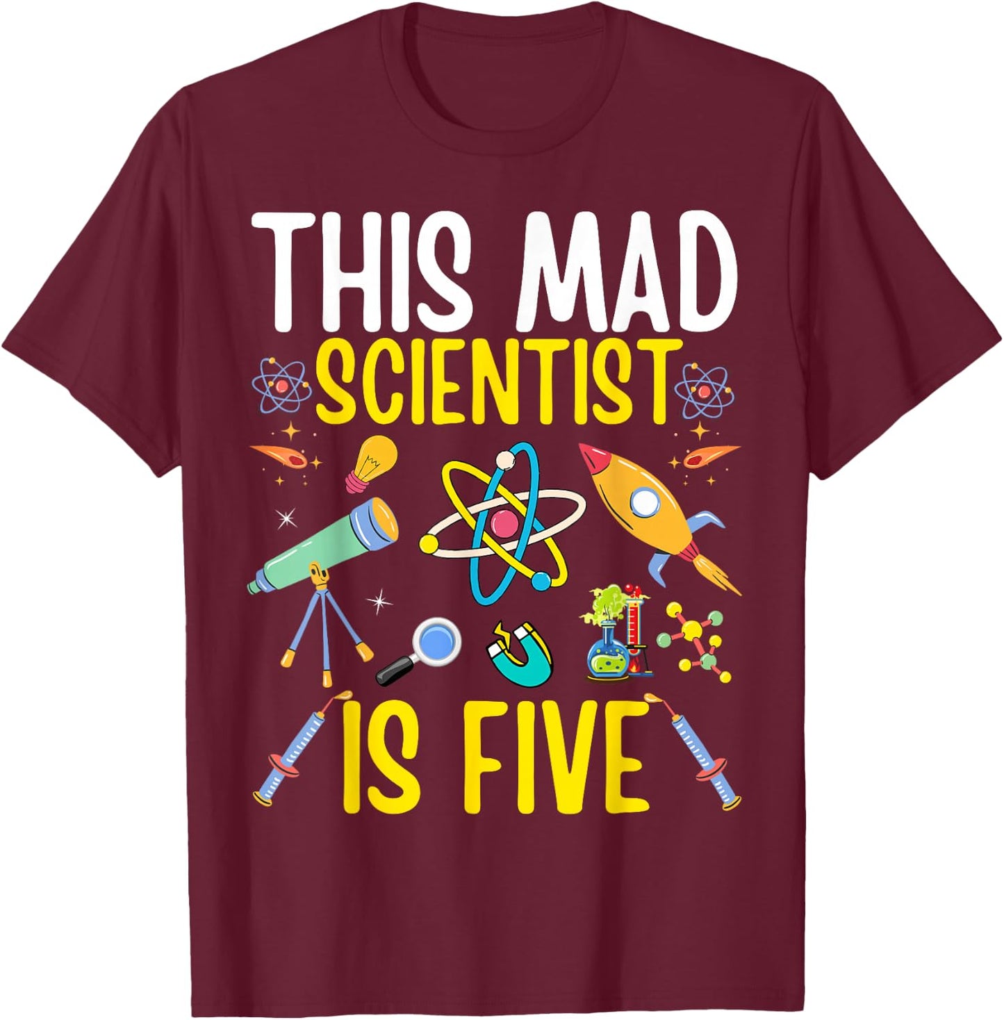 Mad Scientist Kids Science Chemistry Birthday Age 5 T-Shirt - T-Shirt | Maroon