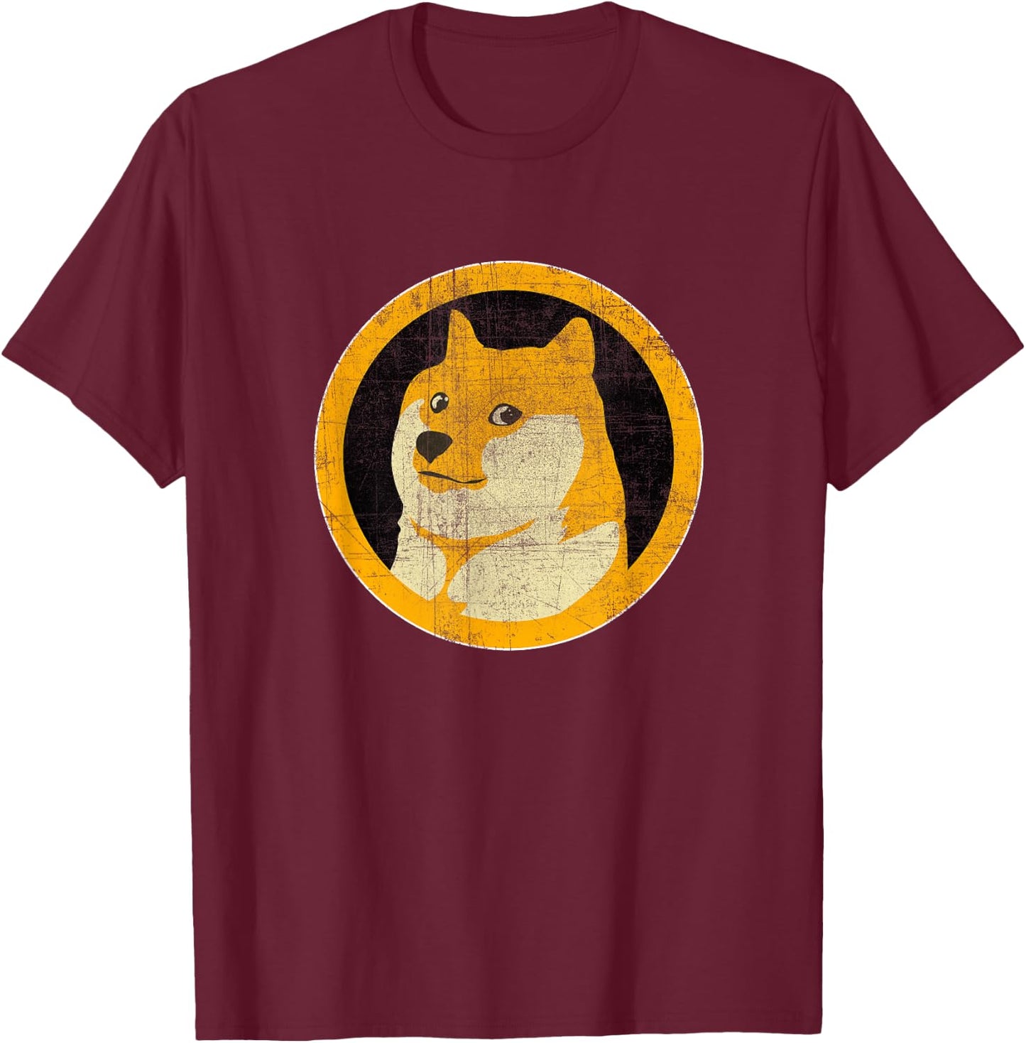 Dogecoin DOGE Face Logo (DISTRESSED) - Shiba Inu T-Shirt - T-Shirt | Maroon