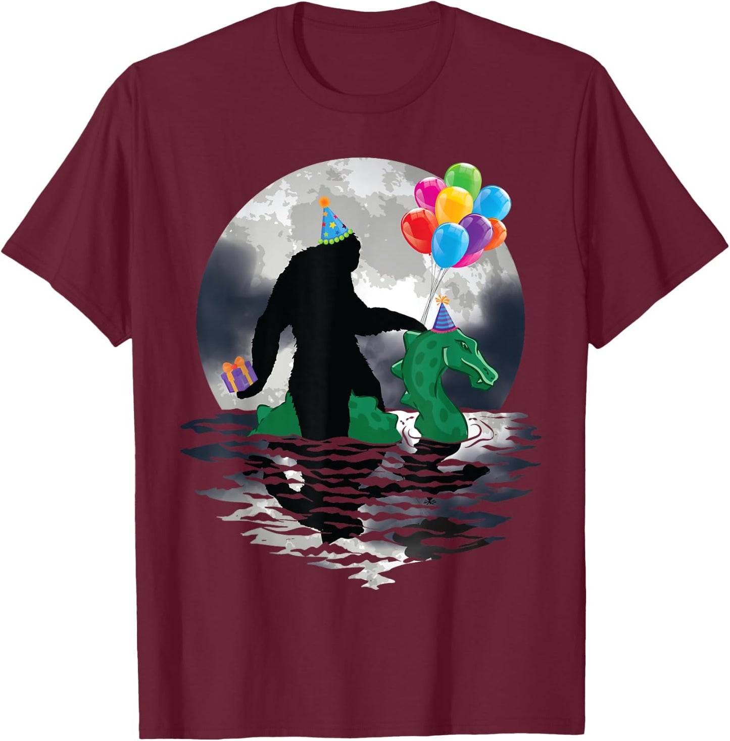 Funny Bigfoot Riding Loch Ness Monster Birthday Celebration T-Shirt - T-Shirt | Maroon