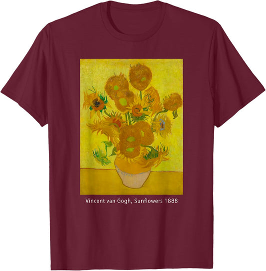 Sunflowers Vincent Van Gogh Famous Vintage Famous Painting T-Shirt - T-Shirt | Maroon