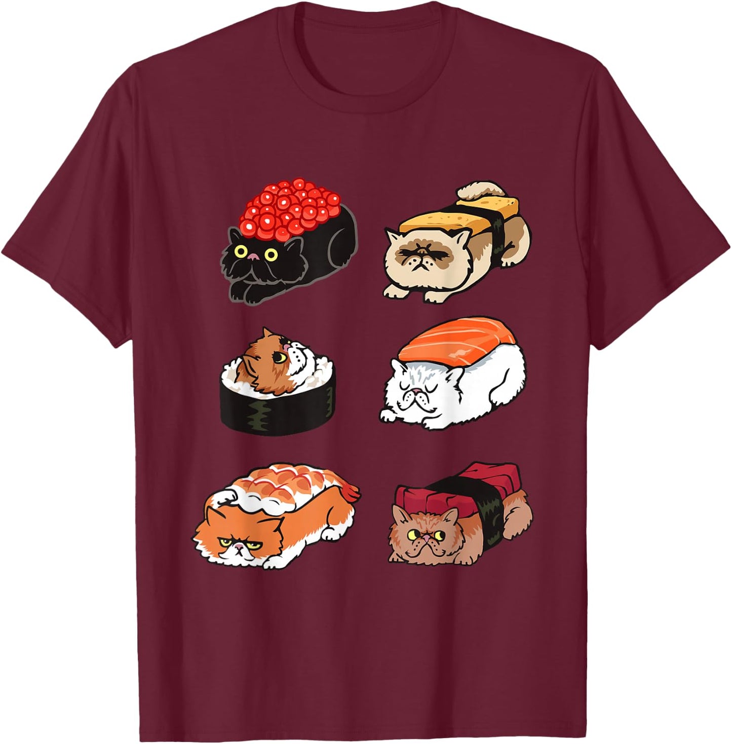 Sushi Persian Cat Funny T- shirt by Huebucket T-Shirt - T-Shirt | Maroon
