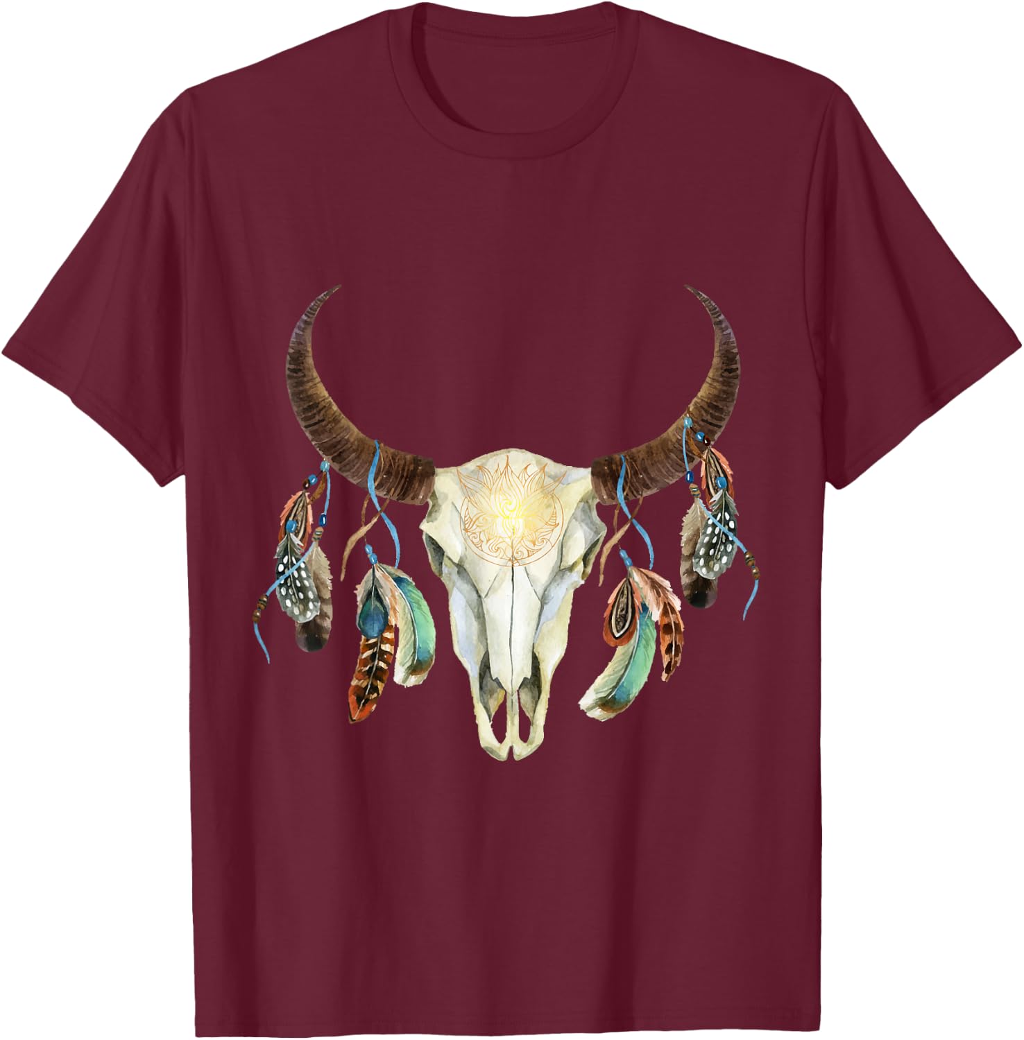 Longhorn Bull Skull Boho Life Cowboy Sunset Aztec Art T-Shirt - T-Shirt | Maroon