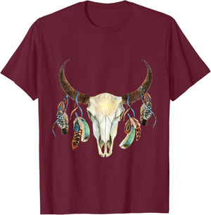 Longhorn Bull Skull Boho Life Cowboy Sunset Aztec Art T-Shirt - T-Shirt | Maroon
