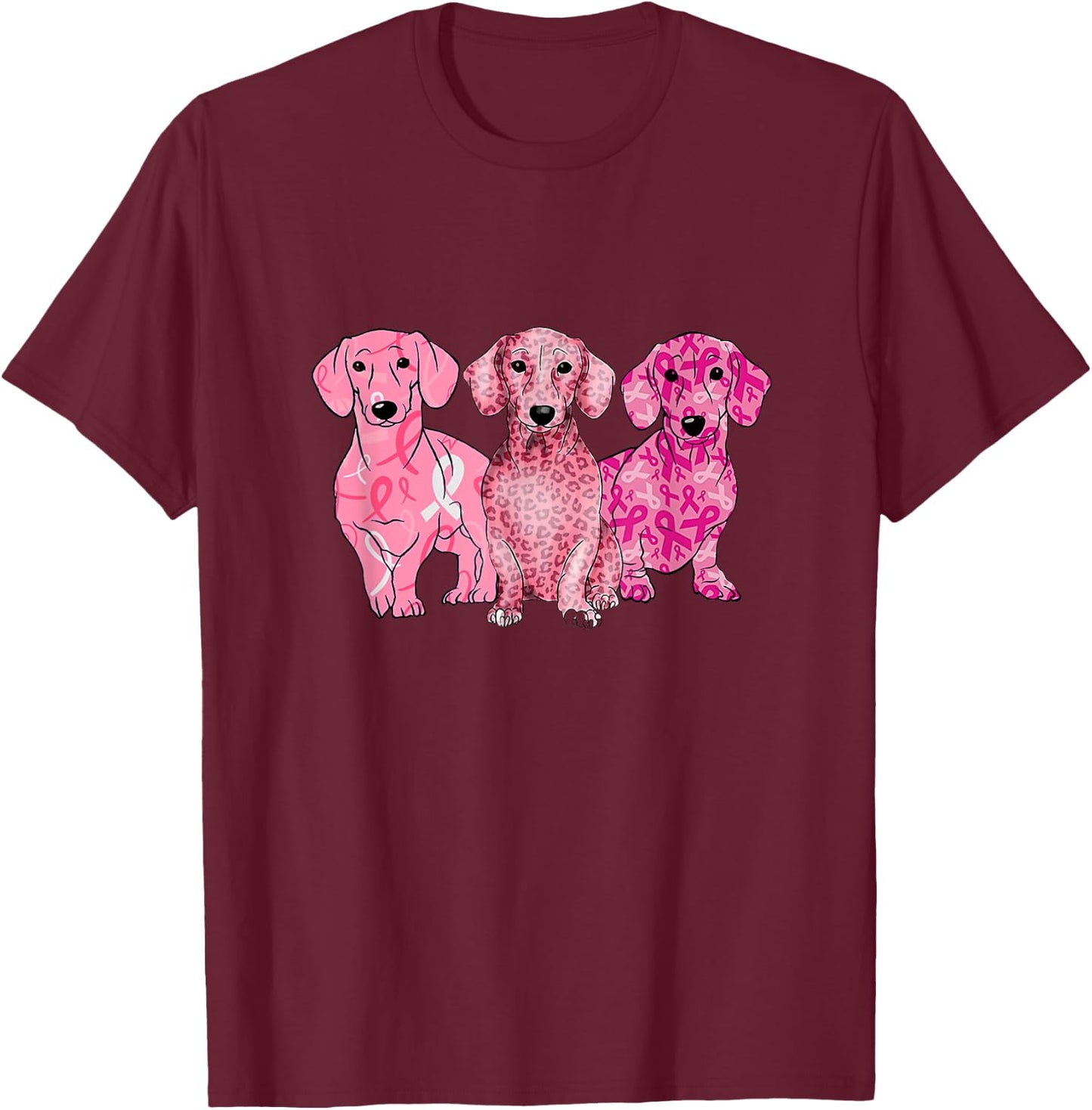 Breast Cancer Dachshunds Pink Dachshunds Ribbon Doxie's T-Shirt - T-Shirt | Maroon