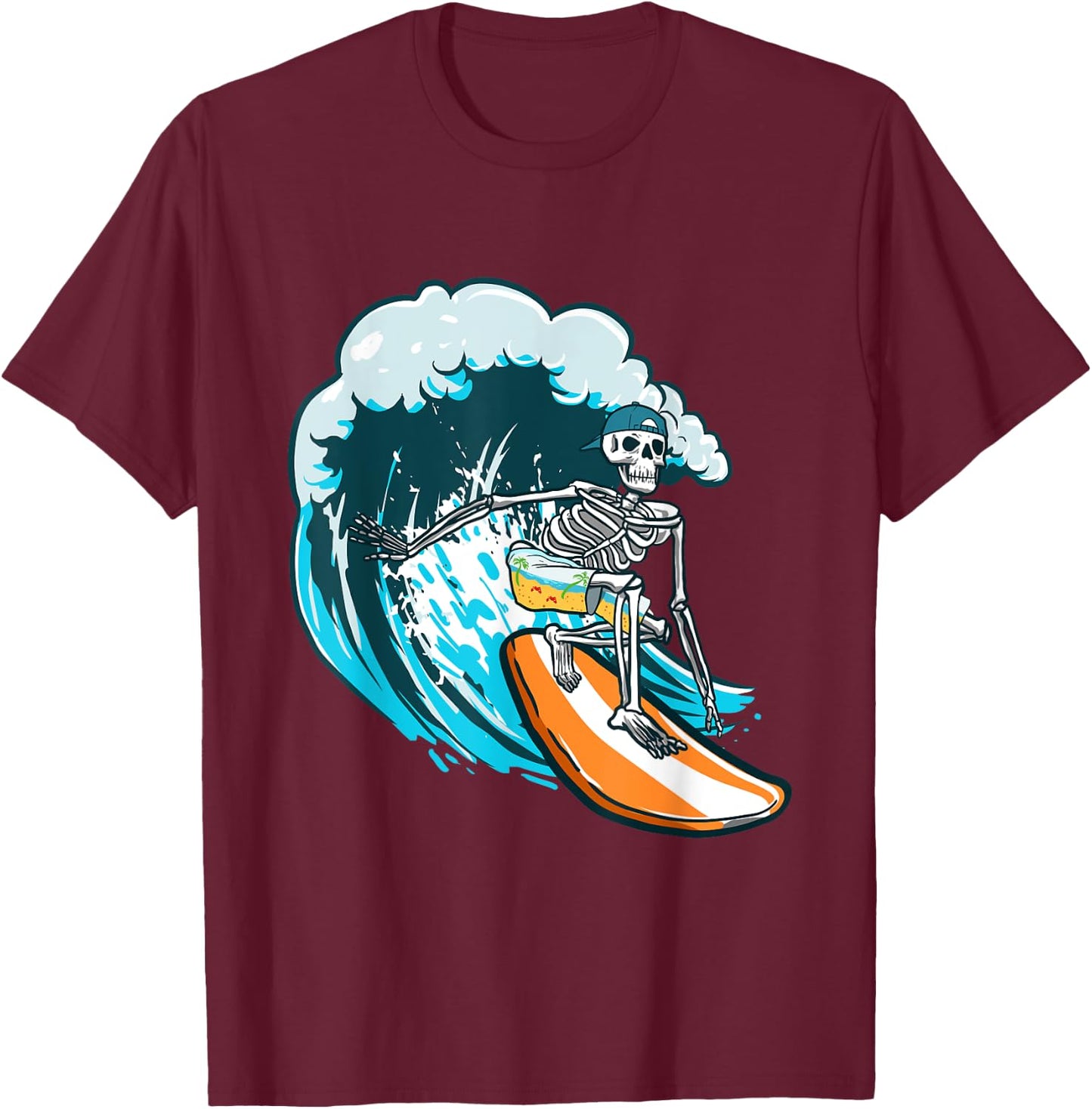 Funny Skull Skeleton Surf Surfing T-Shirt - T-Shirt | Maroon