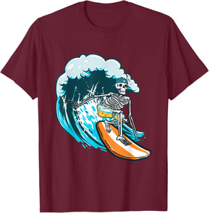 Funny Skull Skeleton Surf Surfing T-Shirt - T-Shirt | Maroon