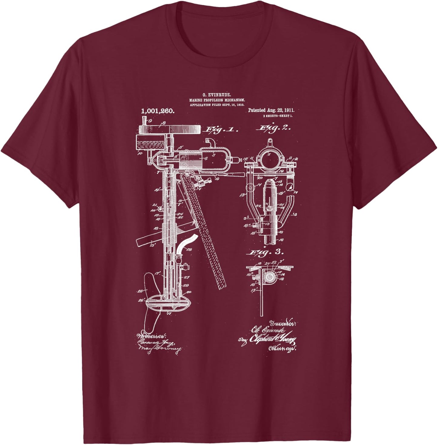 Vintage Patent Print 1911 Outboard Boat Motor Cool Blueprint T-Shirt - T-Shirt | Maroon