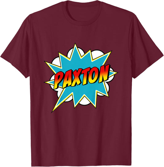 Kids Boys Paxton Name Comic Book Superhero T-Shirt - T-Shirt | Maroon
