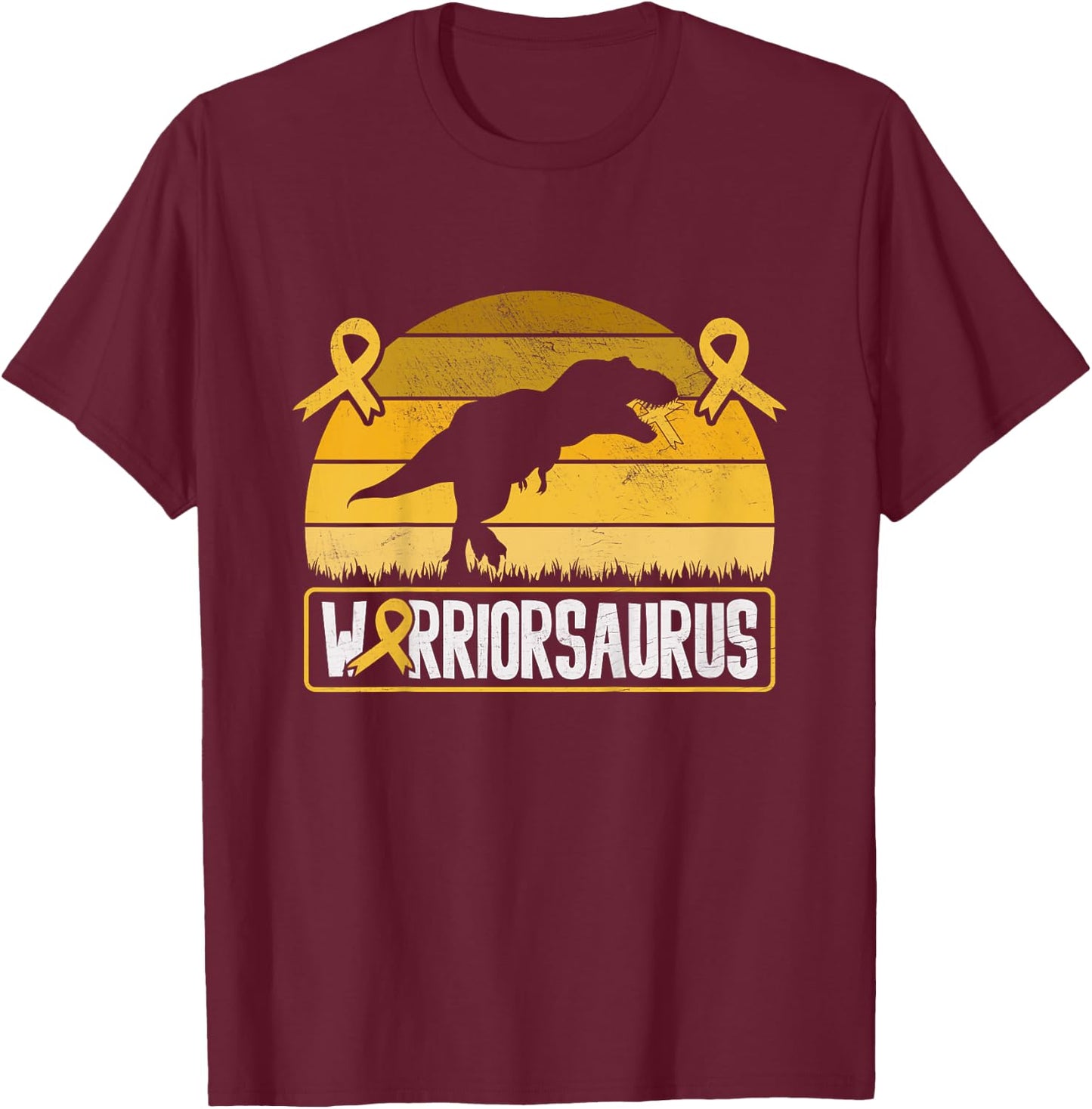 Warriorsaurus Childhood Cancer Awareness Warrior Gold Ribbon T-Shirt - T-Shirt | Maroon