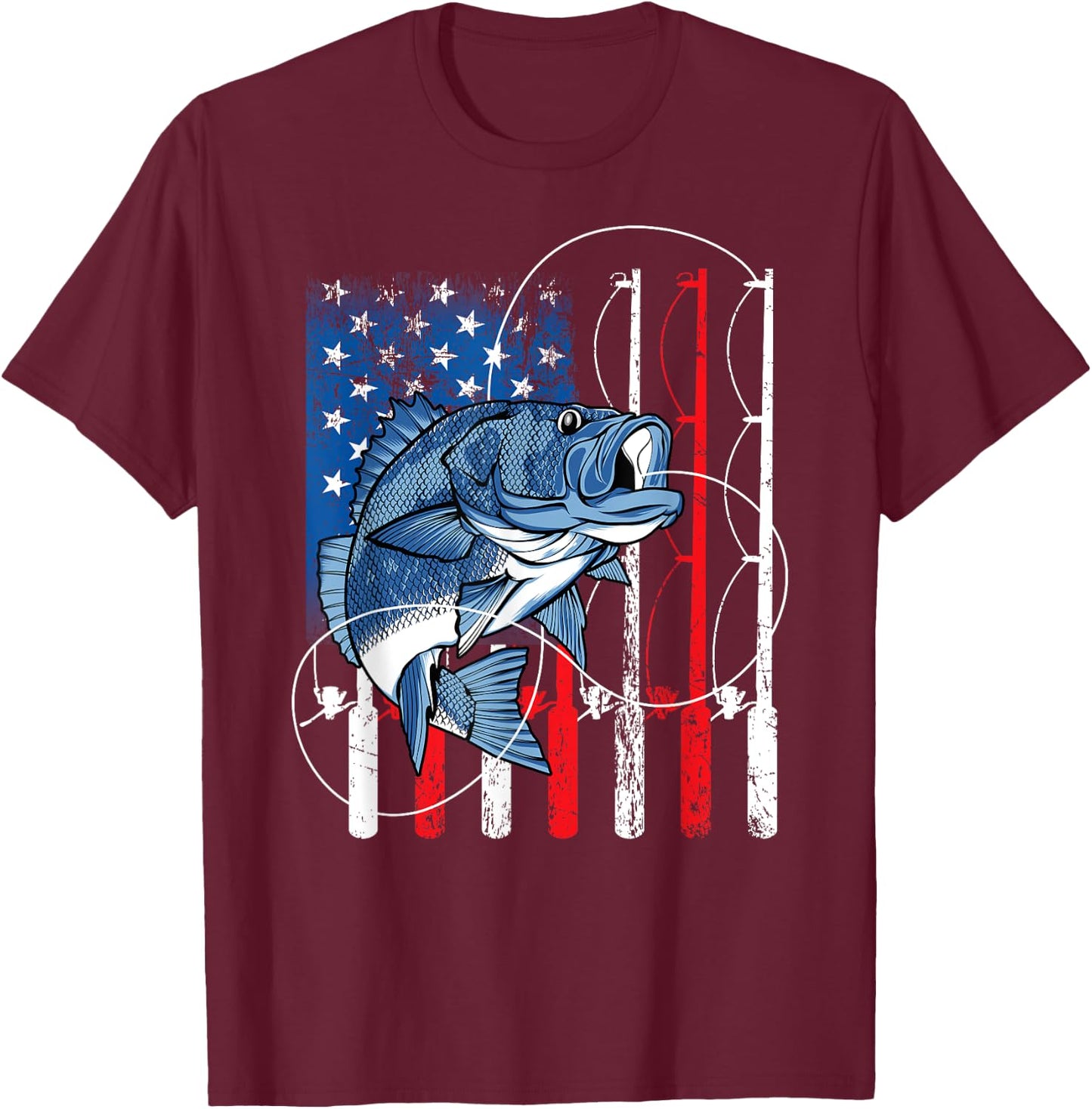 Fishing Vintage American Flag Bass Fisherman Gifts T-Shirt - T-Shirt | Maroon