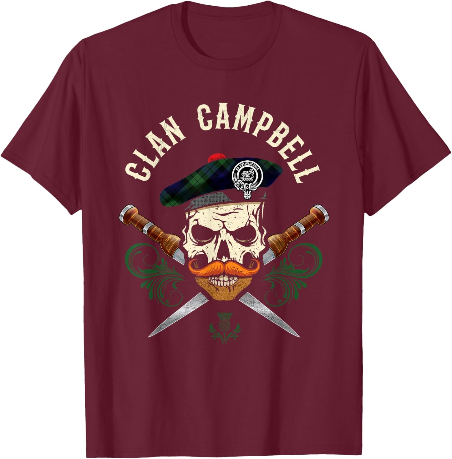 Campbell Surname Scottish Clan Skull Tam Dirks Tartan Badge T-Shirt - T-Shirt | Maroon