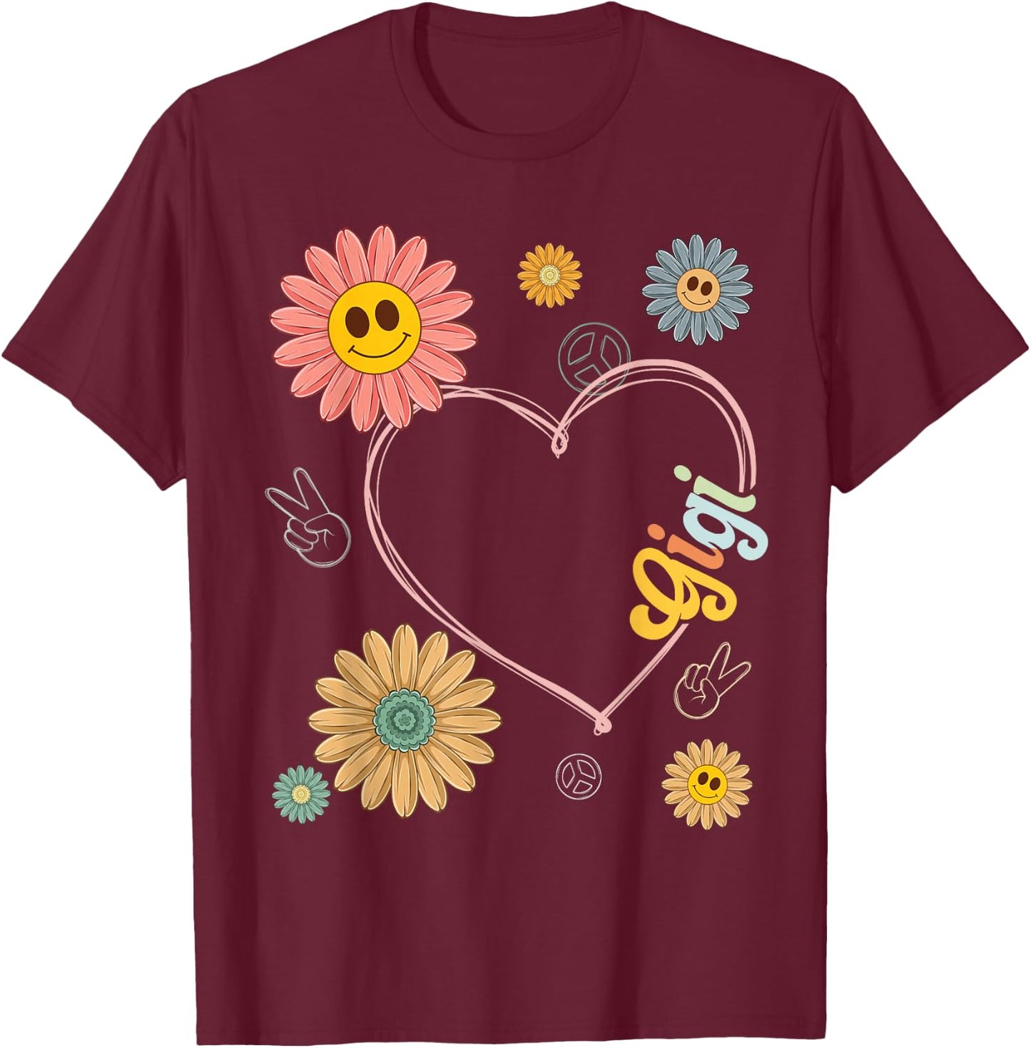 Love Heart Groovy Gigi Mother's Day Women Hippie 70's Style T-Shirt - T-Shirt | Maroon