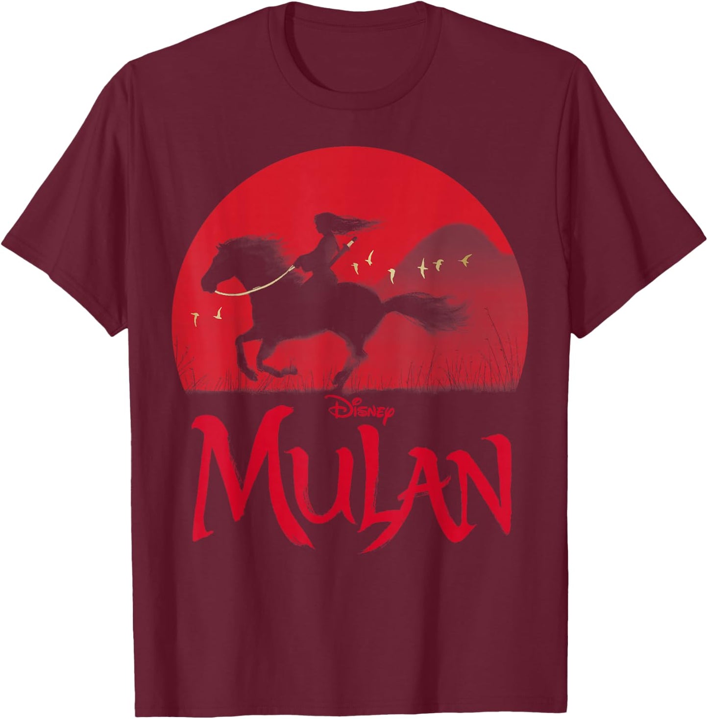 Disney Mulan Live Action Mulan & Khan Sunset Silhouette T-Shirt - T-Shirt | Maroon