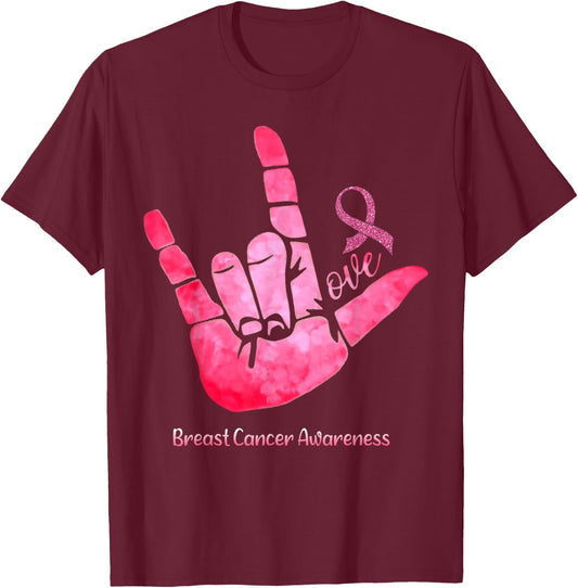 ASL Sign Love Breast Cancer Awareness Pink Ribbon Warriors T-Shirt - T-Shirt | Maroon