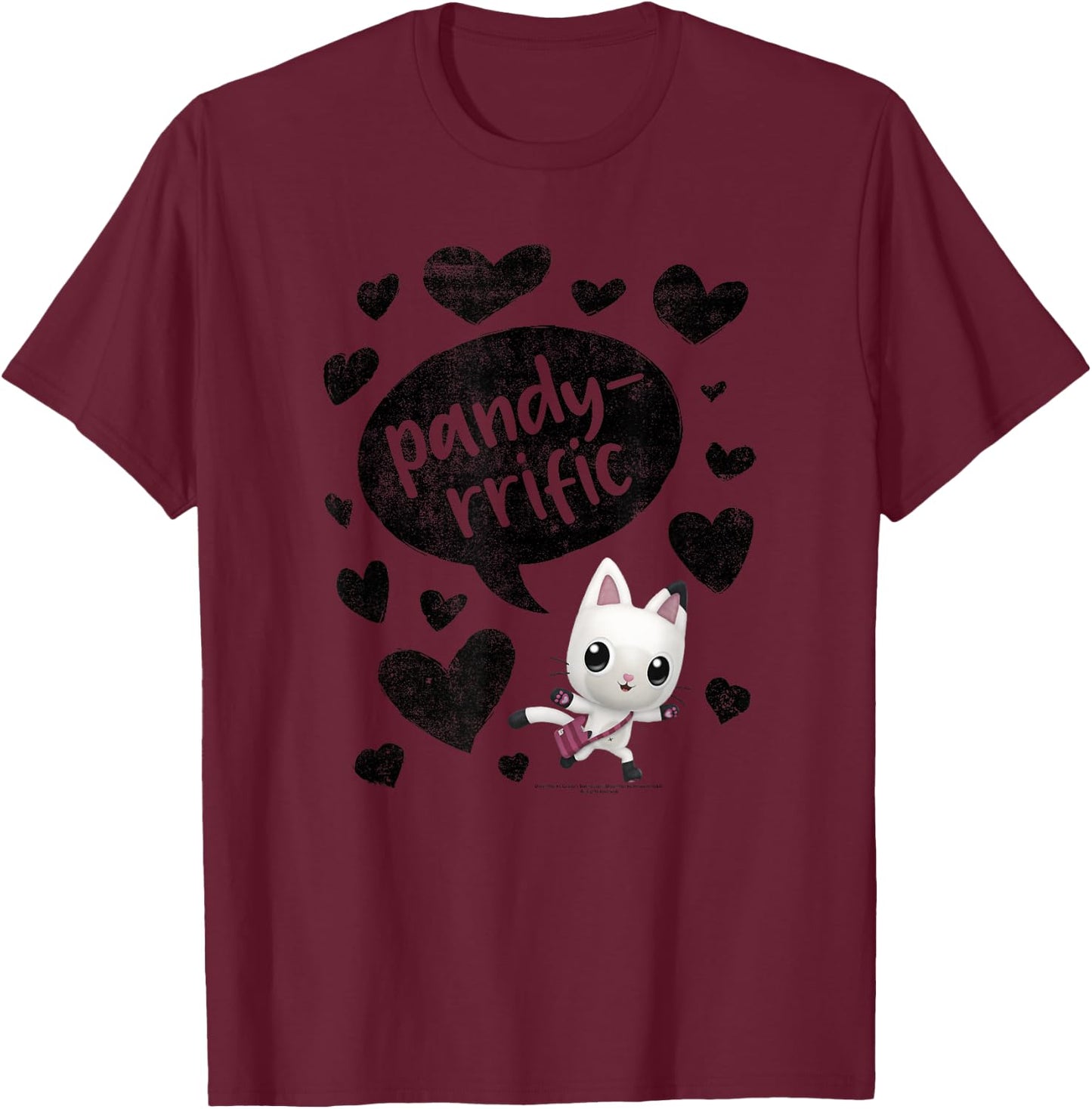 Gabby's Dollhouse Pandy Paws Panda Rrific Black Hearts T-Shirt - T-Shirt | Maroon
