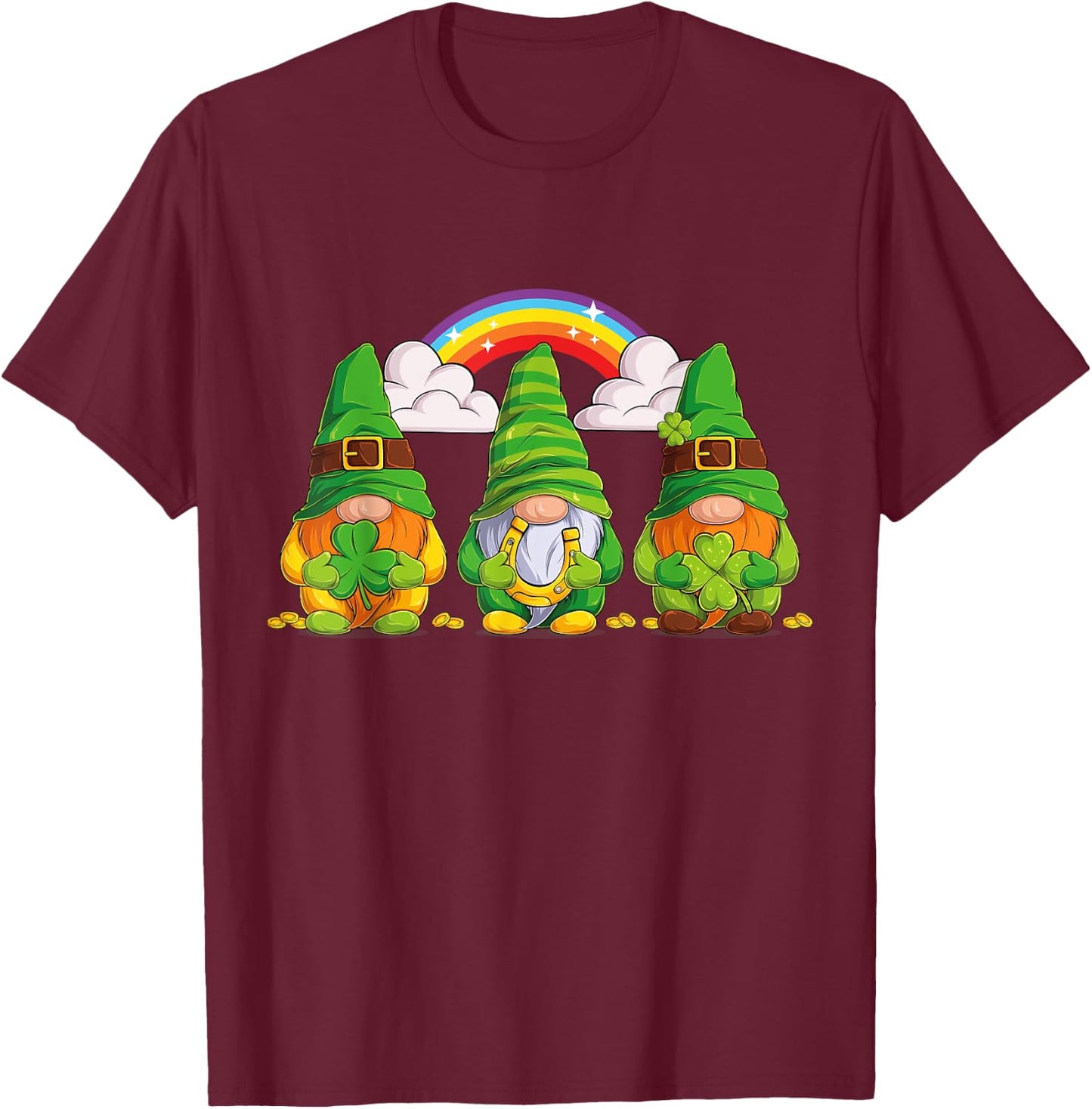 Lucky Gnomes Holding Shamrock Clover And Horseshoe Rainbow T-Shirt - T-Shirt | Maroon