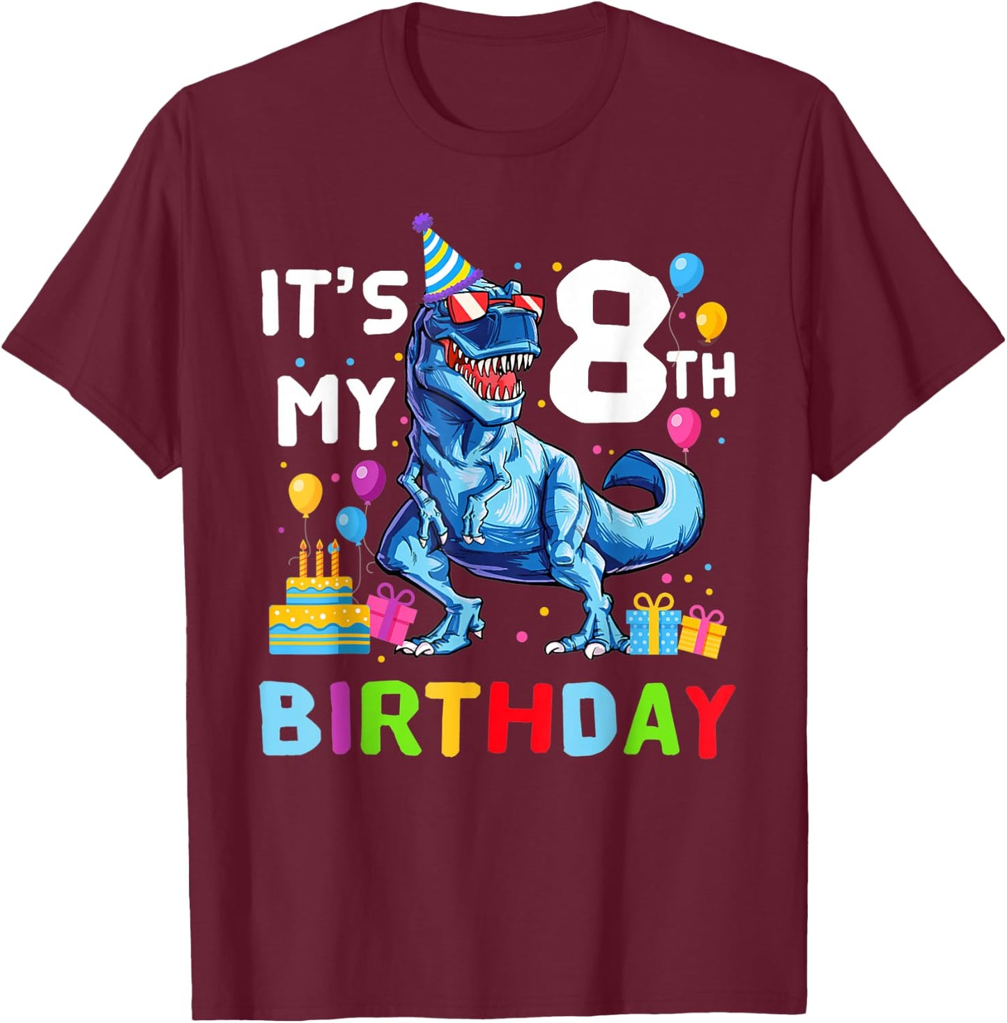 Kids It's My 8th Birthday Happy 8 Year T-Rex T-Shirt - T-Shirt | Maroon