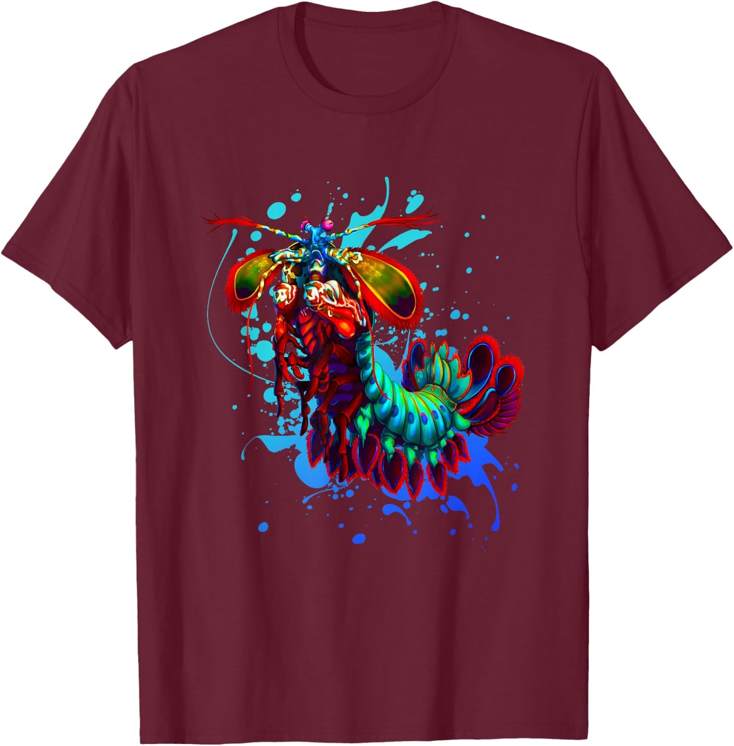 Rainbow Peacock Mantis Shrimp Blue Splash T-Shirt - T-Shirt | Maroon