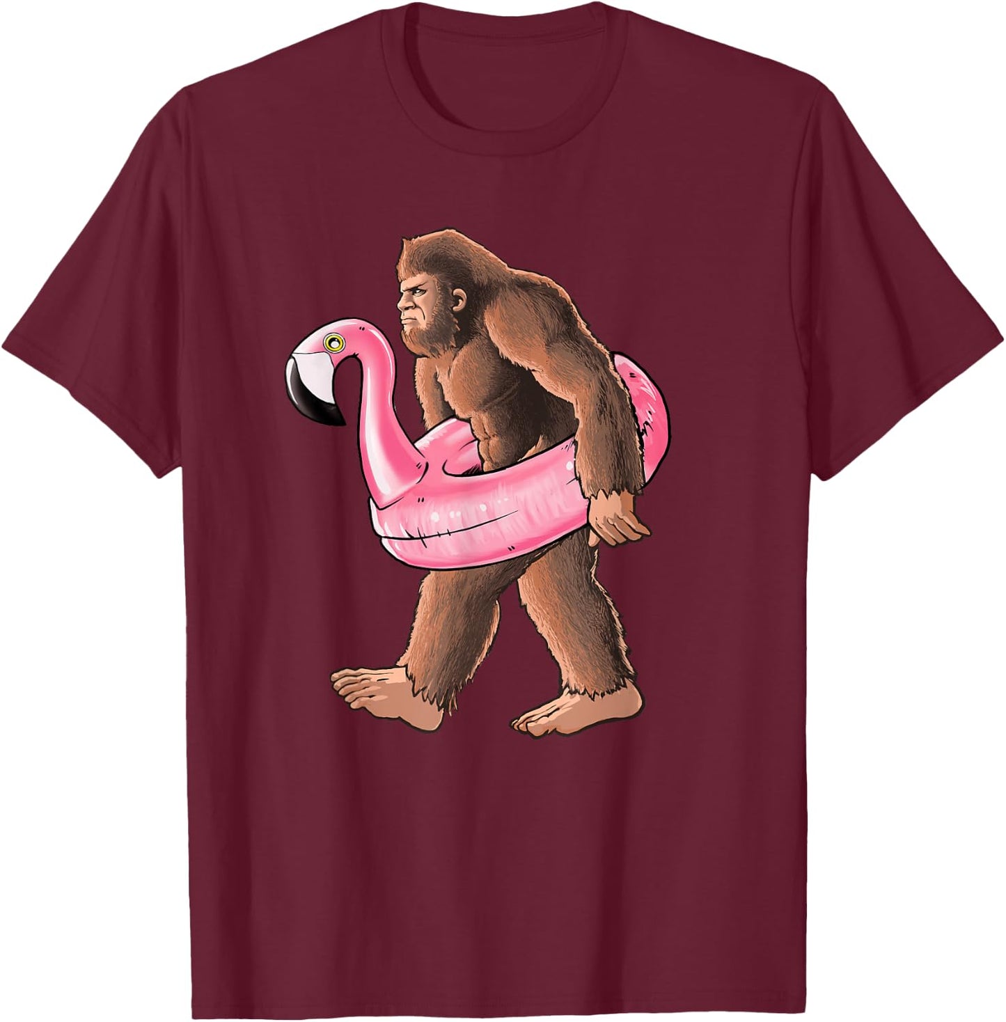 Bigfoot Carrying a Pink Flamingo Pool Floaty Summertime T-Shirt - T-Shirt | Maroon